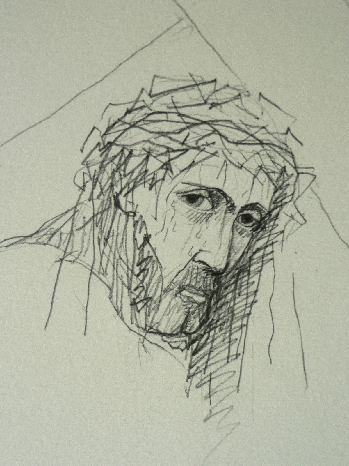 Rysunek ołówkiem przedstawiający Pana Jezusa na Drodze Krzyżowej.