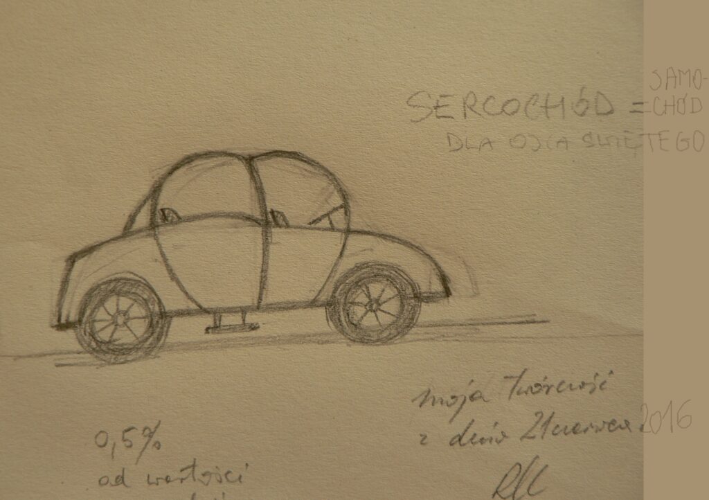 Szkic wykonany ołówkiem w 2016 roku przedstawia projekt duchowo-formalny samochodu dla Ojca Świętego Franciszka.