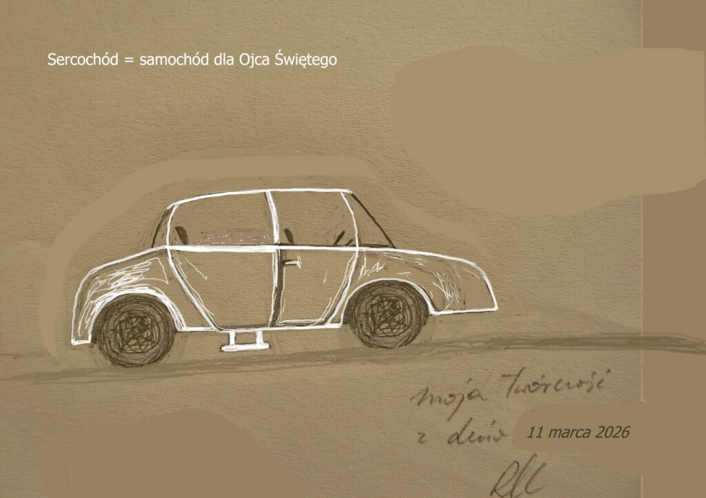 Szkic wykonany ołówkiem w 2026 roku przedstawia projekt duchowo-formalny samochodu dla Jego Świątobliwości Ojca Świętego Leona XIV.