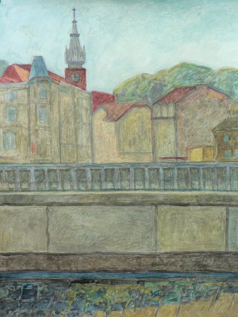 Weduta o Krakowie. Widok na wieżę Sanktuarium św. Józefa na Podgórzu, namalowany gwaszem.